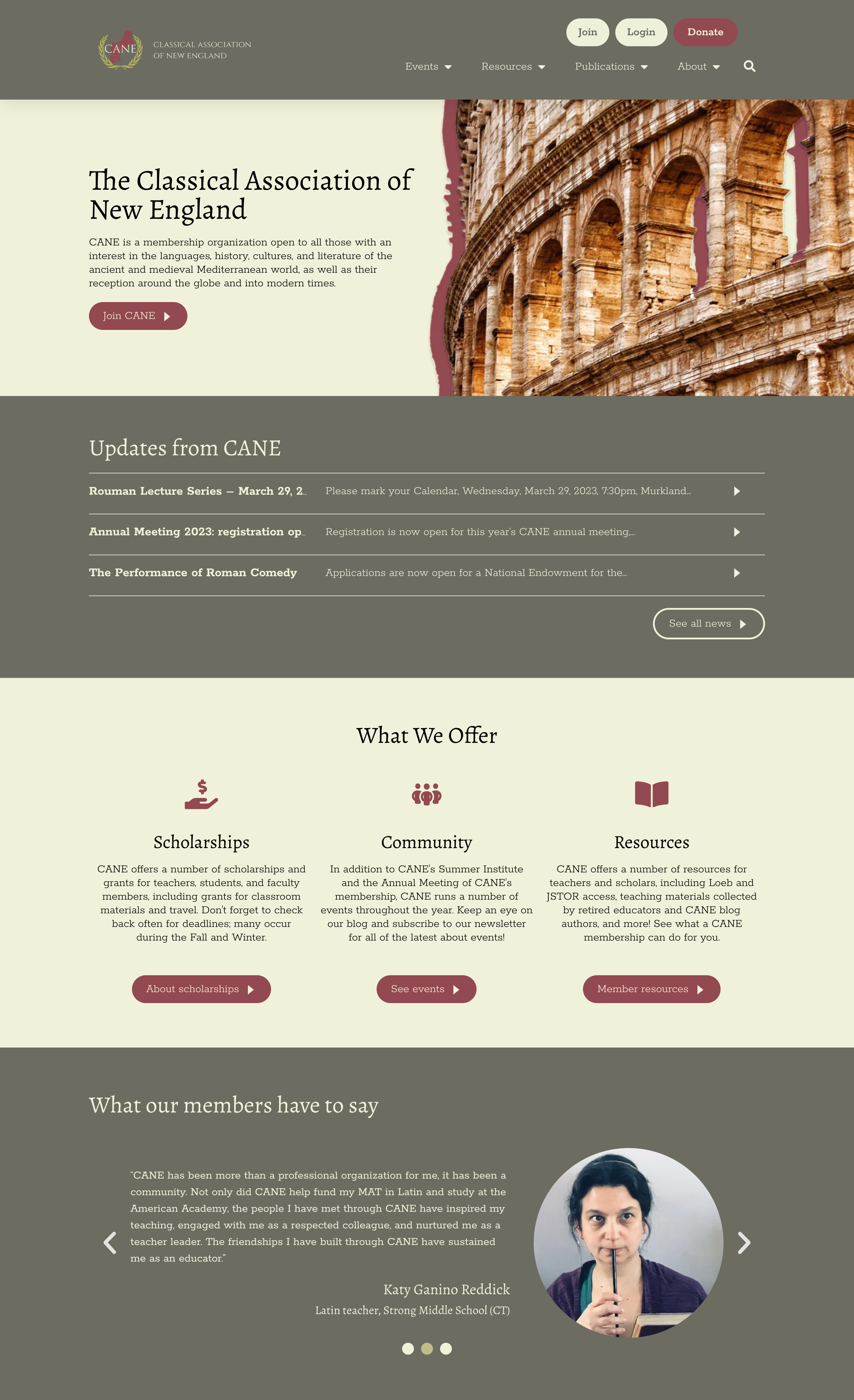  screenshot of Classical Association of New England homepage