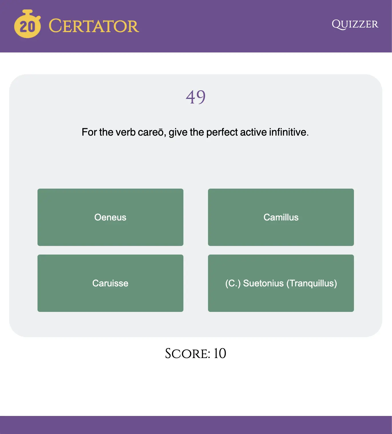  screenshot of Certator, a full-stack quizzer application for Latin students