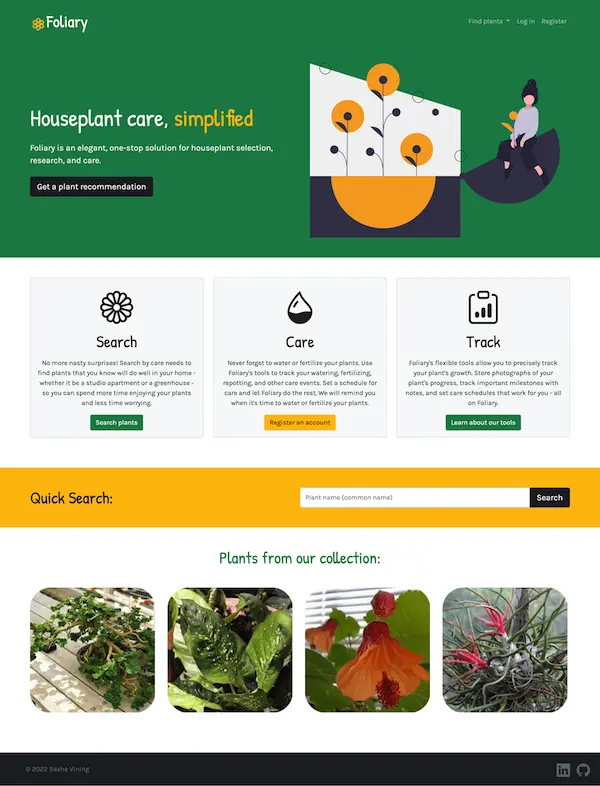  screenshot of Foliary, a full-stack plant care application